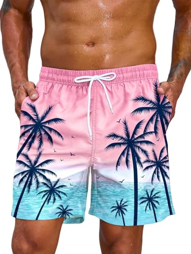 Mens Swim Trunks 7 Inch Mesh Liner Stretch Men's Bathing Suit Swimming Trunks for Men Beach Shorts Print Swim Shorts