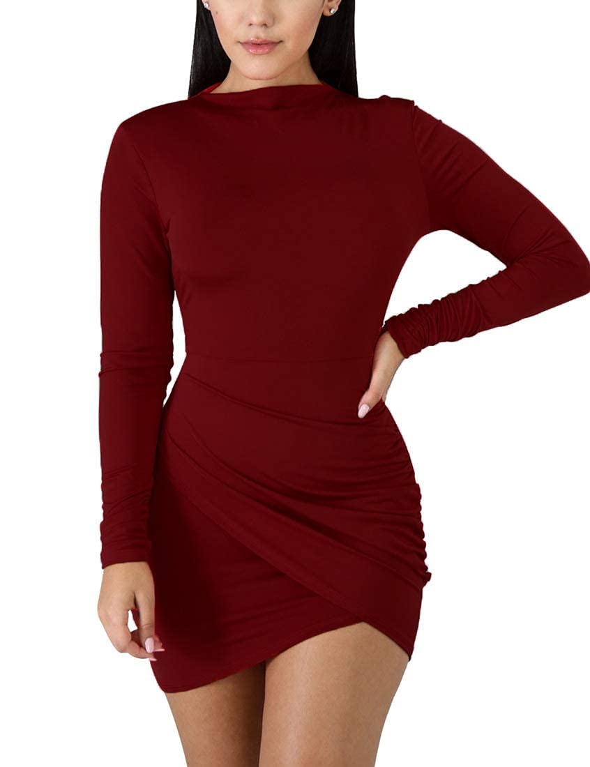 BORIFLORS Womens Sexy Wrap Front Long Sleeve Ruched Bodycon Mini Club Dress