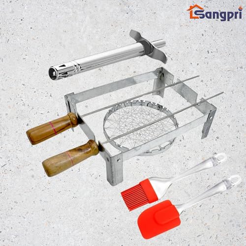 Image of Small Gas Stove BBQ Grill Stand | Barbecue Grill Set with Grill Jali, 2 Skewers, Gas Lighter & Silicone Spatula and Oil Brush | For Tandoori, Paneer Tikka & Kebabs