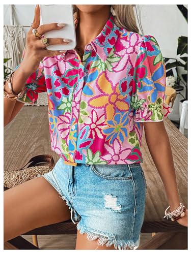 SweatyRocks Women's Floral Print Button Down Blouse Ruffle Short Puff Sleeve Boho Tops3