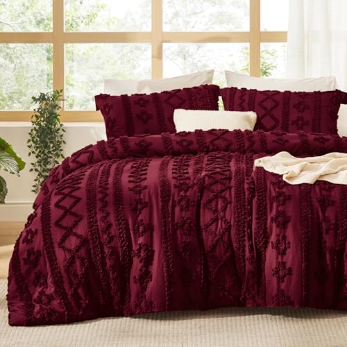 Bedsure Tufted Boho Comforter Set California King - Dark Red Boho Bed Set, GentleSoft™ 3 Pieces Farmhouse Shabby Chic Embroidery Bedding, Gifts for Woman, Soft Jacquard Comforter for All Seasons