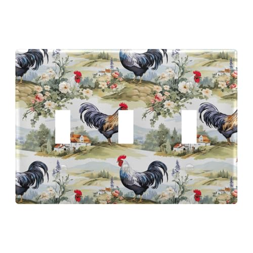 Light Switch Cover Farm Rooster Rural Flower Wall Plates for Electrical Outlets 3 Gang 202a8495