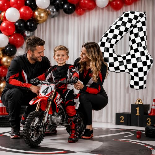 Image of KatchOn Checkered Number 4 Balloon for 4th Birthday Decorations - 40 Inch