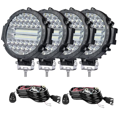 7 INCH Round LED Light Bar MUVKQC 201W Off-Road Driving Lights 21000lm LED Work Lights Pod with Wiring Harness for Pickup SUV ATV UTV Trucks Tractor (4PCS 201W Black+2 Set 2-Lead Wiring Harness)