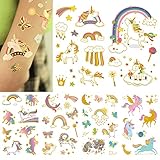 Yarlilyan 60+ Unicorn Metallic Gold Colorful Temp Tattoos Cartoon for Birthday Party Favor Gilded Te