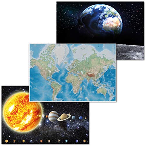 GREAT ART® Juego de 3 carteles con motivos infantiles - Juego educativo - Mapa del mundo Proyección de Miller Sistema solar Tierra Decoración interior (Din A2 - 42 x 59,4)