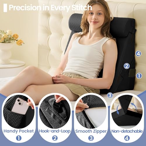 Image of Sasttie Wedge Pillow Set for After Surgery, 2PCS Adjustable Bed Wedge Pillow Headboard with Memory Foam Neck Cushion - for Acid Reflux, Sleeping, Neck & Back Support, Black