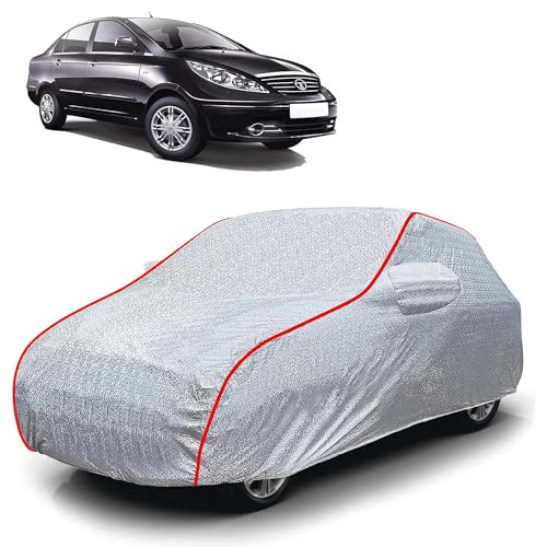 Image of Sulfar 100% Waterproof Car Body Cover Compatible with Mirror for Tata Manza (Triple Stitched, Full Bottom Elastic, Magic Silver with Red Piping)