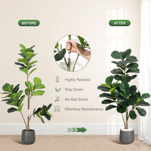 4FT Fiddle Leaf Fig Tree Artificial with 48 Leaves - Realistic Faux Ficus Lyrata Trees in 7.8" Grey Planter Pot, Indoor Fake Floor Plants for Home Office Living Room Decor, Housewarming Gift
