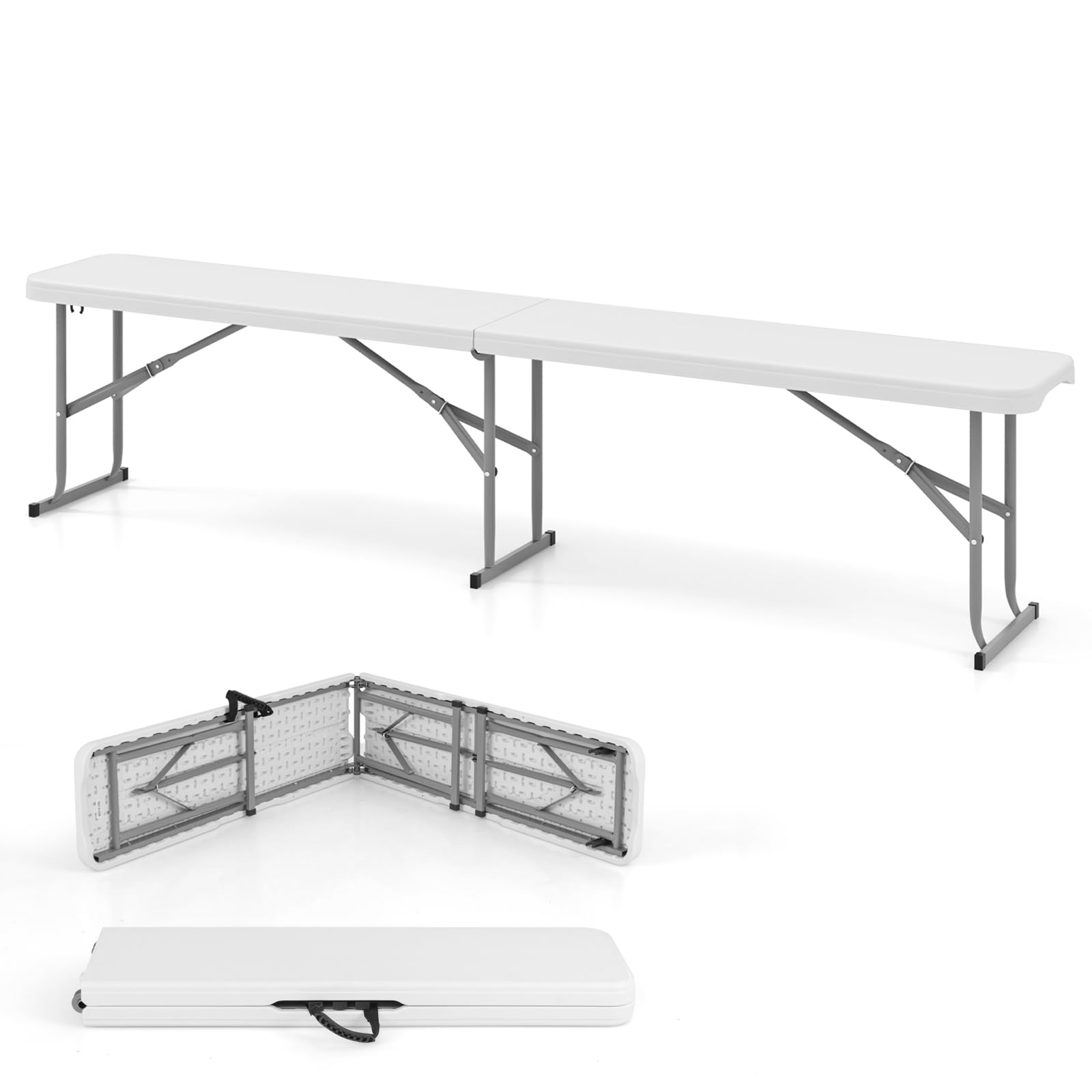 KOMFOTTEU Panca da Giardino Pieghevole in Plastica, Panchina da Esterno Portatile con Maniglia di Trasporto, Panca da Campeggio con Telaio in Metallo, per Patio, Picnic, Portata 300 kg (Bianco II)
