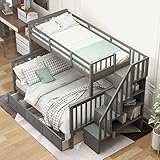 Twin-Over-Full Bunk Bed with Drawer,4 Storage and Guard Rail, Twin-Over-Full Bunk Bed for Bedroom, Dorm, for Kids, Adults