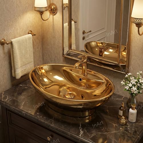 Image of InArt Ceramic Oval Gold Color Vanity Wash Basin, 59 x 39 x 21 CM, Luxurious Bathroom Sink