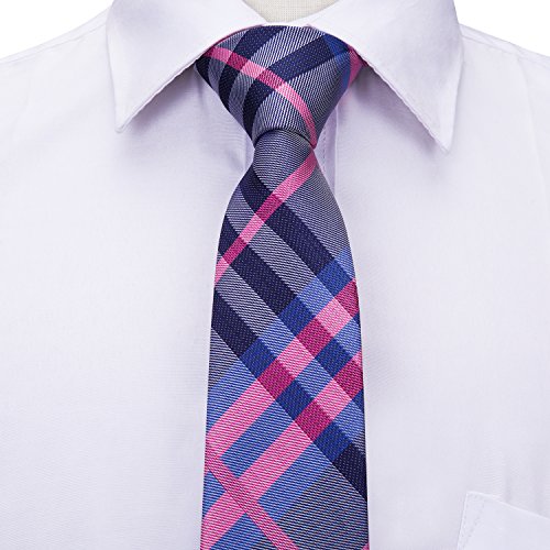 Dubulle Pink And Blue Plaid Tie For Kids With Pocket Square Set For Formal Wedding #TOP3