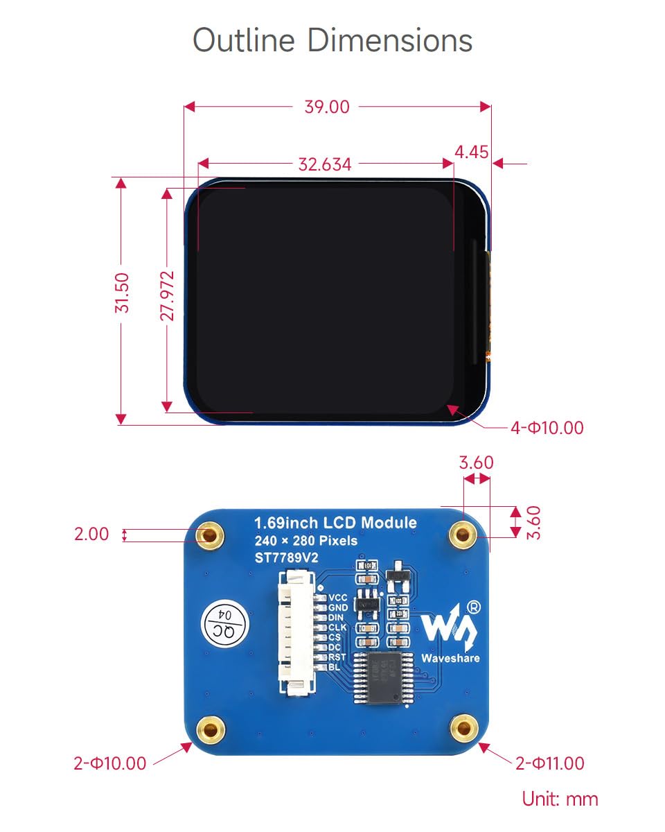 Waveshare 1.69inch LCD Display Module, Compatible with Raspberry Pi,240×280 Resolution, SPI Interface, IPS, 262K Colors
