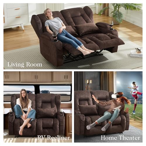 Image of Loveseat Recliner Sofa,RV Wall Hugger Recliners for Small Spaces,Reclining Loveseat Sofa Recliner with Cup Holders /Lumbar Pillows,RV Furniture (Velvet Brown, 56 inch 2-Seater)