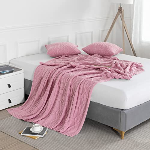 Milvowoc Pink Cable Knit Throw Blanket And Pillow Covers Set, 50" X 60" Knitted Throw Blanket & 2 Pieces 18" X 18" Pillowcases, Decorative Cozy Soft Throw Blanket For Sofa Couch Bed #TOP3
