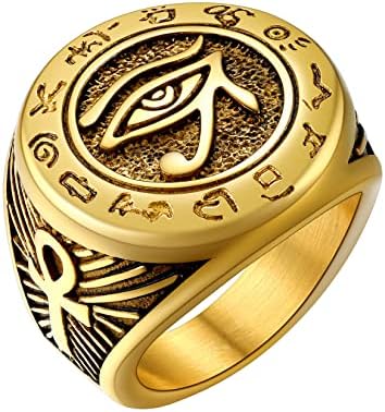 U7 Horus Ring, 18K Gold Plated Ancient Egypt Jewelry Ankh Cross Band Talisman Eye of Horus Medal Signet Ring for Men Women, Size 7