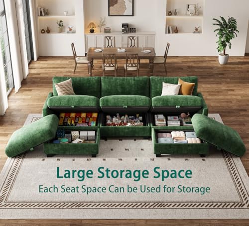 Image of Modular Sectional Sofa, 101 inch U Shaped Couch with Storage | High Resilience Foam, 22 inch Seat Depth, Movable Ottoman, Comfy Chenille, Easy Assembly, Green