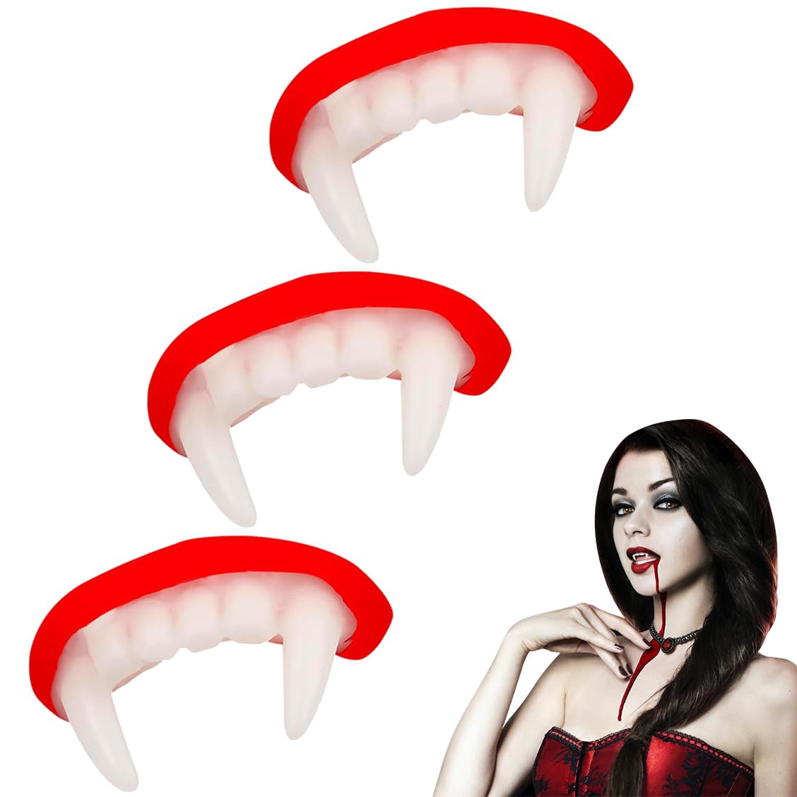 Vibbang 3 Pieces Halloween Vampire Teeth, Halloween Vampire Fangs, Fake Fangs Vampire Costume Accessories, for Cosplay Party Props Halloween Party Fangs