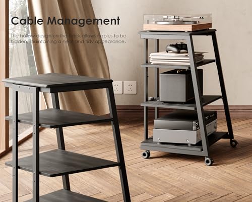 Image of FITUEYES 4-Tier AV Media Stand Corner Shelf Stand Wooden Corner Shelves Component Cabinet Stereo Rack Audio Tower with Height Adjustable Wooden Shelves for /Xbox One /ps4 (Black)