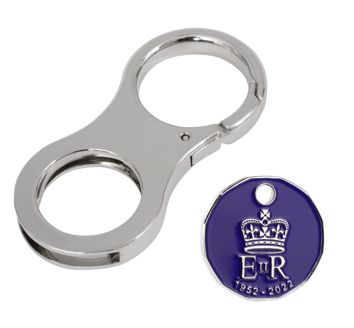 Harts Coin Clip Key Ring Trolley Token Metal Holder Keyring For New and Old £1 Coins, €1. With Queen Elizabeth II trolley Tokens