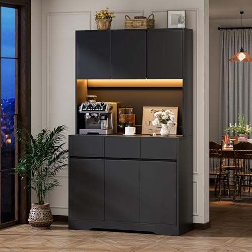 Comparison: Best Cabinet Colors For Black Countertops 4 71'' Pantry Cabinet with LED Light Charging Station, kitchen storage cabinets with Microwave Stand, Freestanding Kitchen Hutch,kitchen cabinet with Open Countertop for Restaurant,Dining Room,Black