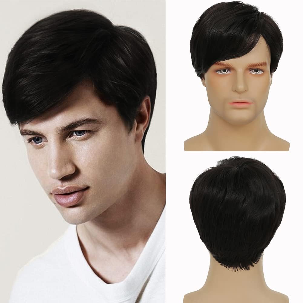 Miss Liren® Men's Wig Short Curly Wig Men's Wigs with Bangs Natural Synthetic Full Wig for Men Daily Party Costume Cosplay Wear, Jet Black Color