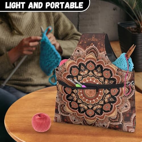 Image of ZUXONGSY Mandala Flower Crochet Yarn Bag for Women Retro Floral Knitting Tote Bag for on The Go Travel Portable Knitting Project HanbBag for Crochet Hooks