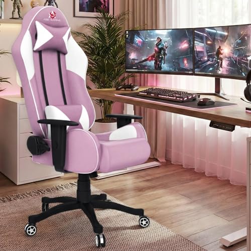 Image of ASE GAMING Gold Series Ergonomic Gaming Chair Premium PU Leather, Adjustable Neck & Lumbar Pillow, 180 Degree Recline with Black Metal Base with 3 Years Warranty (Pink)