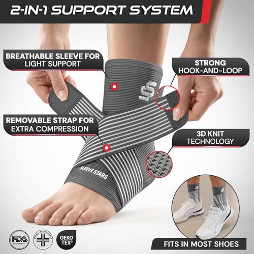 Image of Sleeve Stars Ankle Brace for Women & Men, Ankle Wrap for Sprain, Compression Sleeve for Plantar Fasciitis Relief, Easy Customizable Support: w / Removable Strap (Single /M:10 inch-12 inch /Grey)