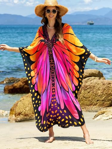 Image of IMAGEKOPE Women's Plus Size Animal Print V-Neck Batwing Kaftan Beach Dress Bathing Suit Cover-Up Loungewear