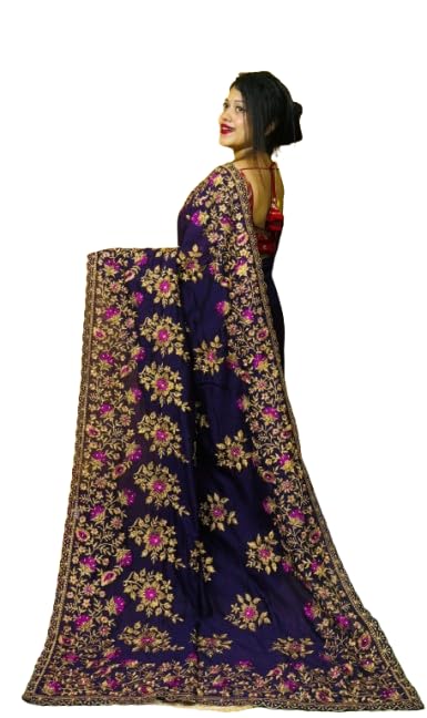 Exclusive Zardosi Saree for Women | Handcrafted Zardozi Embroidered Traditional Silk Saree | Luxury Ethnic Indian Saree with Rich Hand Embroidery for Wedding, Bridal, Party-image-18