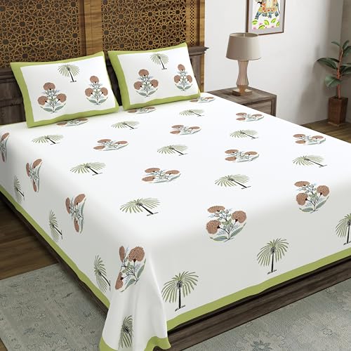 Image of BLOCKS OF INDIA Hand Block Printed 200 TC Cotton King Size Bedsheet (Open Green Motifs)