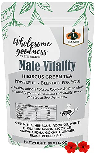 TEA YARD Male Vitality Hibiscus Green Tea for Male Vitality, man matters, strength booster, Stamina & Increased Performance Natural Whole Loose Leaf Infused with White Musli, Ashwgandha & Rooibos (50g) TEA YARD Male Vitality Hibiscus Green Tea for Male Vitality, man matters, strength booster, Stamina & Increased Performance Natural Whole Loose Leaf Infused with White Musli, Ashwgandha & Rooibos (50g)