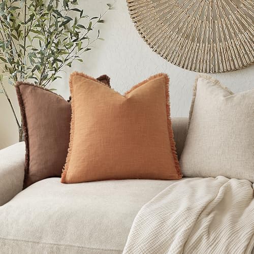 Image of Foindtower Set of 2 Decorative Linen Fringe Throw Pillow Covers Cozy Boho Farmhouse Cushion Cover with Tassels Soft Accent Pillowcase for Couch Sofa Bed Living Room Home Decor,18x18 Inch,Dusty Orange