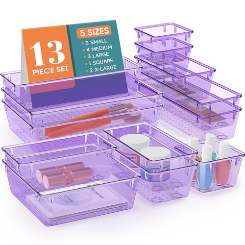 Image of 13 PCS Drawer Organizer Set, 5 Size Bathroom and kitchen organizer Trays | Bathroom and kitchen Drawer cabinet organizer Trays, Clear Storage Bins for Makeup, Jewelry, Utensils and Gadgets