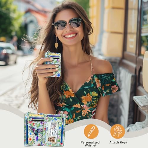 Credit Card Holder Slim Wallet, Hummingbird RFID Wallet Women Front Pocket Small Card Holder, Travel Funny Cute Thin Card Case ID Window PU Leather RFID Blocking Card Organizer Gifts Girls