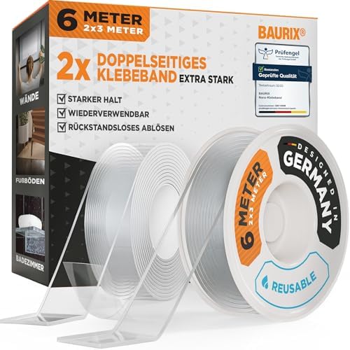 BAURIX® Doppelseitiges Klebeband 2x3 m – Nano Tape, extra stark | Nano Tape für Wand, Teppich & Deko. Transparent, waschbar & wiederverwendbar, ideal für DIY & Profi-Einsatz.
