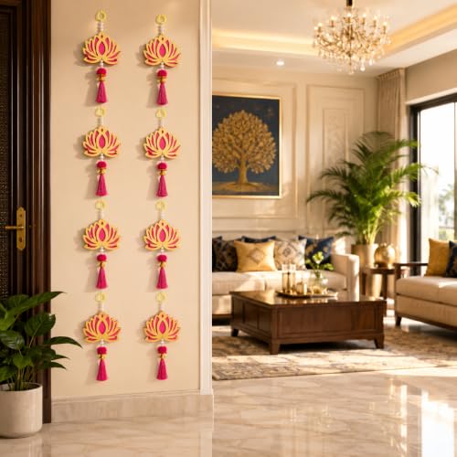 Image of JH Gallery Pink Tassel Lotus for Ganpati Decoration Items for Home - Handmade Ganesh Chaturthi Backdrop Decoration, Mandir & Balcony Hanging (8 Inch, Pack of 10)