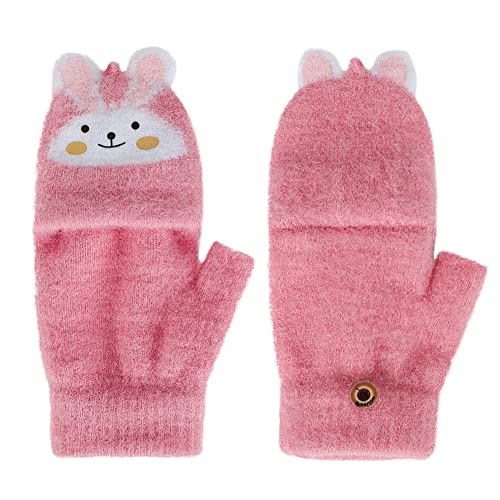 Kids Convertible Fingerless Gloves Cat Bunny Knit Flap Cover Mittens Half Finger Stretchy Mitten Glove for Girls Boys 6-12Y3