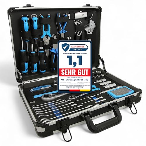 ATF Premium Werkzeugkoffer/Werkzeug-Set gefüllt 95-tlg CV, Ratsche, Steckschlüssel, Gabelschlüssel, Bits, Schraubendreher und Zangen, Ideal für Umzug, Geschenkidee, Alu-Koffer bestückt
