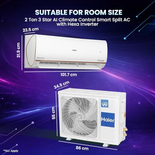 Image of Haier 2 Ton 3 Star AI Climate Control Smart Split AC (6350 Watts, HEXA Inverter, Copper, Wi-Fi, 4-Way, 7 in 1 Convertible, HD Filter, Cools at 60C, 20 mtr Air Throw - HSU24K-PYAIR3BN-INV, 2025 Model)