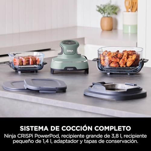 Ninja CRISPi Freidora de Aire portátil, 3,8 l, 4 en 1, freír con Aire, Asar, Mantener Caliente y gratinar, compacta, Incluye 2 recipientes de Vidrio extraíbles y Tapas, 1700 W, Salvia, FN101EUSG - imagen 2