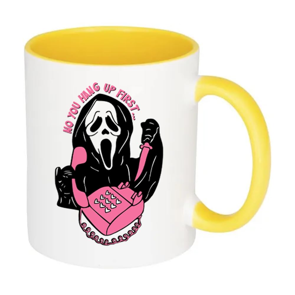 No You Hang Up First, Horror, Ghostface, Ghost Mask, Halloween, Inside Coloured Mug, Ceramic Coffee, Tea Mug. (Yellow)