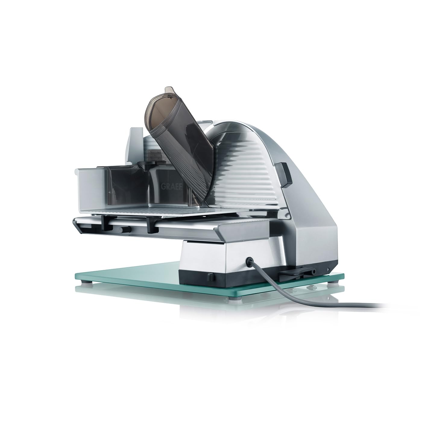 GRAEF Allesschneider MASTER M80 silber, glattes Edelstahlmesser Ø 170 mm, neigbar bis 30°, Dauerfunktion, stufenloser Schnittstärkeneinstellung, Vollmetallgehäuse, Glasbodenplatte, einfache Reinigung