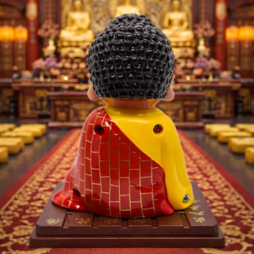 Image of Solar-Powered Moving Head Buddha Statue| Feng Shui Monk Figurine for Positive Energy, Peace & Prosperity | Shaking Head Buddha Idol for Car Dashboard, Home & Office Decor (Red and Yellow)