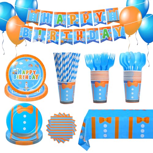 194pcs Blue Birthday Party Decorations Supplies Cartoon Orange Plates Napkins Disposable Tableware Set Tablecloth Banner Paper Cups Straws Teenager Cartoon Birthday Party Sets Serve 24 Guests