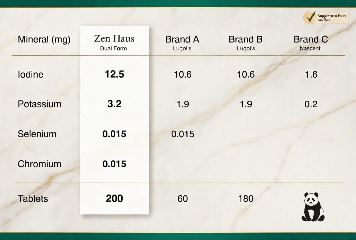 Zen Haus 12.5 mg with Selenium (as Selenomethionine) and More - 200 Tablets - Thyroid Plus Immune Support - High Potency Iodine Tablets - Compare to Lugol's Iodine Pills