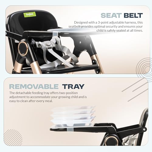 Image of Baybee Snuglo 2 in 1 Premium Baby Booster Chair with Removable Tray, 3-Point Safety Harness & Portable Foldable Design - Convertible Feeding Chair for Toddlers 6 Months to 3 Years (Black)