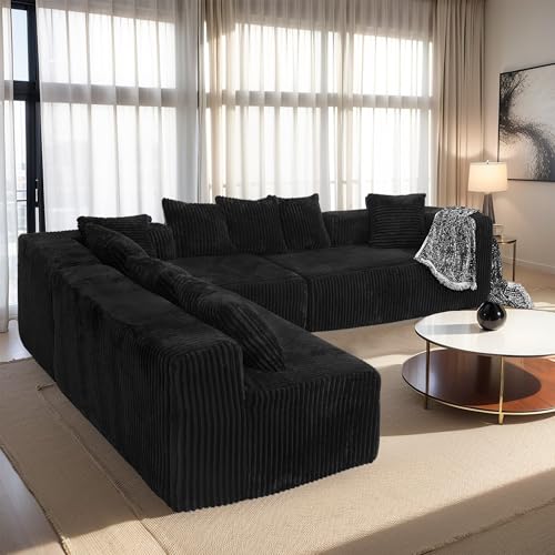 KEIKI 130'' Oversized Modular Sectional Sofa with Extra Wide Chaise Lounge,Comfy Minimalist Plush Corduroy Deep Seat Cloud Couch w/Pillows, for Living Room Office,Black - Image 5